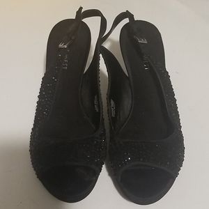 Black sequined platform sling backs